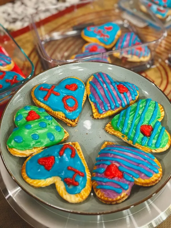 Heart-shaped decorated pastries